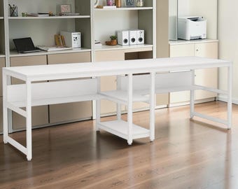 78 Inch Double Workstation Desk with Bookshelf – Rustic Wood Home Office Table