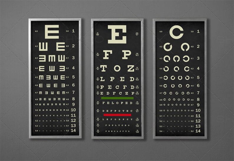 eye chart print triptych typography poster snellen vintage etsy