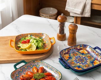 9 Inch Ceramic Double Handle Serving Plate Square Steak Salad Dish Elegant Dinnerware