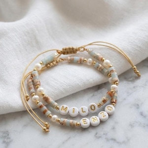 Personalized Natural Stone Name Bracelet Custom Initial Beaded Jewelry Gift 2pcBracelet Length (28 cm)