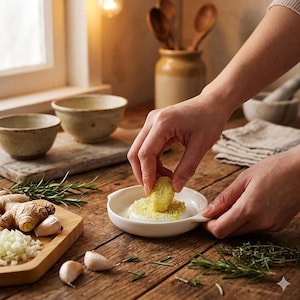 May include: A person grating ginger in a white ceramic grater. The grater sits on a wooden table with other kitchen items, including bowls, garlic, and a cutting board with chopped onions and ginger root.