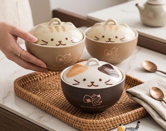 Cat Ceramic Ramen Bowl with Lid Japanese Noodle Soup Bowl Kawaii Tableware