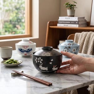 May include: A collection of Japanese-style ceramic bowls with lids, featuring various designs. One bowl is black with white rabbits and floral accents. Other bowls have blue and white patterns. Chopsticks and a small dish of edamame are also present.