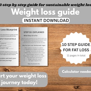 May include: A weight loss guide with the text "Weight loss guide" and "Instant Download". The guide includes a "Weight Loss Blueprint" and a "10 Step Guide for Fat Loss". The guide is 11 pages in total. The text "Start your weight loss journey today!" is also visible.