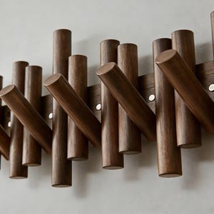 Walnut Coat Rack Wall Mounted, Fold Down Wall Hooks, Wooden Peg Entryway Organizer, Modern Folding Hook Rack, Mid Century Modern Decor