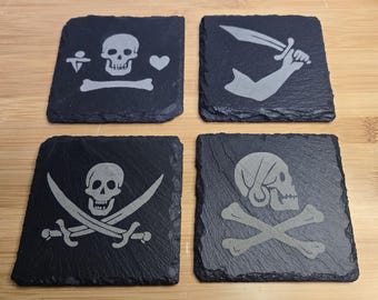 4 Pirate Flag Engraved Slate Coasters