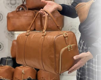 Genuine Leather Travel Duffle Bag with Shoe Compartment – Handmade Luxury Weekend Carry-On Bag