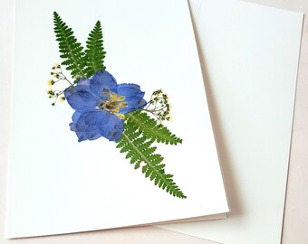 Blue Delphinium Greeting Card, Natural Pressed Flowers, Garden Flower Art, Handmade Blank Stationary, All Occasion Card, Frameable Décor