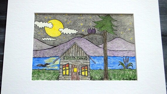 Log Cabin Original Colored Pencil Drawing Folk Art Pencil Etsy