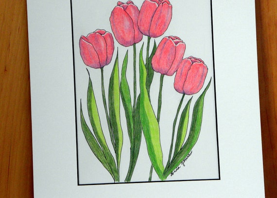 Tulipes De Printemps Rouge Couleur Crayon Tulipe Fleur Dessin Feutré Wall Art Décoration Dintérieur Crayon De Couleur Et Encre Original Fait à La