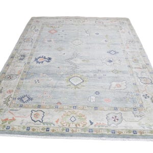 Hand Knotted Oushak Style Wool Rug, Pastel Blue Floral Carpet, Turkish Inspired Area Rug