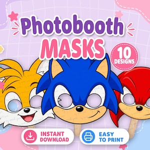 Könnte beinhalten: Drei druckbare Fotobox-Masken mit den Zeichentrickfiguren Tails, Sonic und Knuckles. Der Text lautet Photobooth MASKS, 10 DESIGNS, INSTANT DOWNLOAD und EASY TO PRINT. Jede Maske verfügt über Augenausschnitte und einen Holzstiel als Griff.