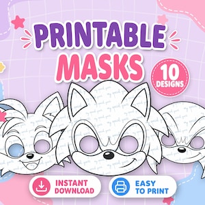 Op de afbeelding: Een digitale afbeelding met de tekst PRINTABLE MASKS en 10 DESIGNS in een roze cirkel. Daaronder staan drie zwart-witte lijntekeningen van karaktermaskers met oogopeningen. De knoppen onderaan tonen INSTANT DOWNLOAD en EASY TO PRINT.