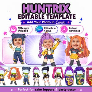 Puede incluir: Una plantilla digital con el texto "HUNTRIX EDITABLE TEMPLATE" y "Add Your Photo in Canva". La imagen presenta diseños de personajes de dibujos animados para adornos de pasteles y decoración de fiestas, con el texto "9 Designs Included" y "Instant Download".