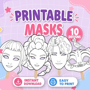 Puede incluir: Un conjunto de máscaras imprimibles con 10 diseños, incluyendo tres rostros humanos con diferentes peinados y una criatura felina con un pájaro en la cabeza. Cada máscara es un dibujo lineal en blanco y negro sobre un palo, con el texto PRINTABLE MASKS.