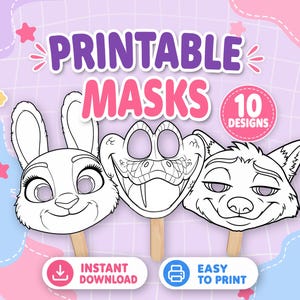 Puede incluir: Tres máscaras de papel imprimibles con dibujos de líneas en blanco y negro de un conejo, una serpiente y un zorro, cada una unida a un palo de madera. El texto dice PRINTABLE MASKS, 10 DESIGNS, INSTANT DOWNLOAD y EASY TO PRINT sobre fondo morado.