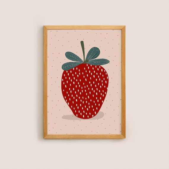 Rotes Erdbeeren Poster –  Kinderzimmer Deko, Retro Wandbild, Babyzimmer Illustration, Süßes Früchte Motiv