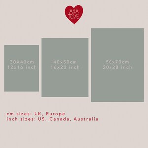 May include: Three rectangular art prints in varying sizes: 12x16 inches, 16x20 inches, and 20x28 inches. The prints are a muted green color. The text on the image includes the dimensions in inches and centimeters, and the brand name "ANA TOVE".