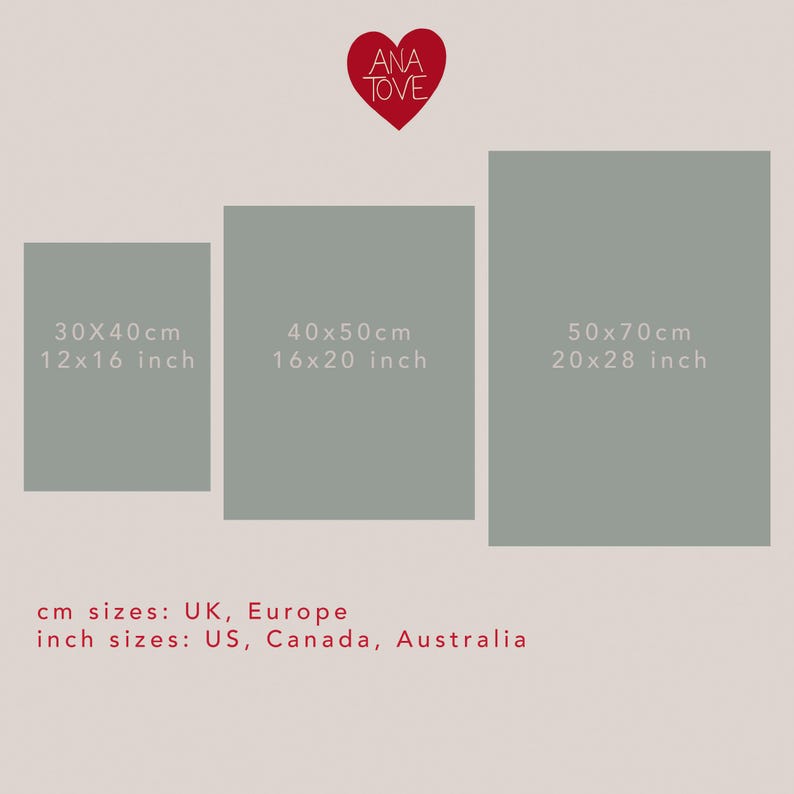 May include: Three rectangular art prints in varying sizes: 12x16 inches, 16x20 inches, and 20x28 inches. The prints are a muted green color. The text on the image includes the dimensions in inches and centimeters, and the brand name "ANA TOVE".