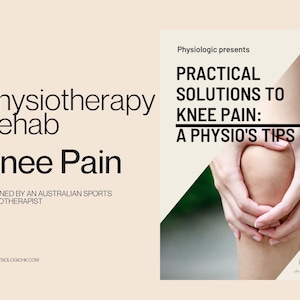 Könnte beinhalten: Werbegrafik für Physiotherapie mit dem Text "Physiotherapie Rehab Knie Schmerzen" und "Praktische Lösungen für Knieschmerzen: Tipps eines Physiotherapeuten". Das Bild zeigt Hände, die sanft ein Knie halten.