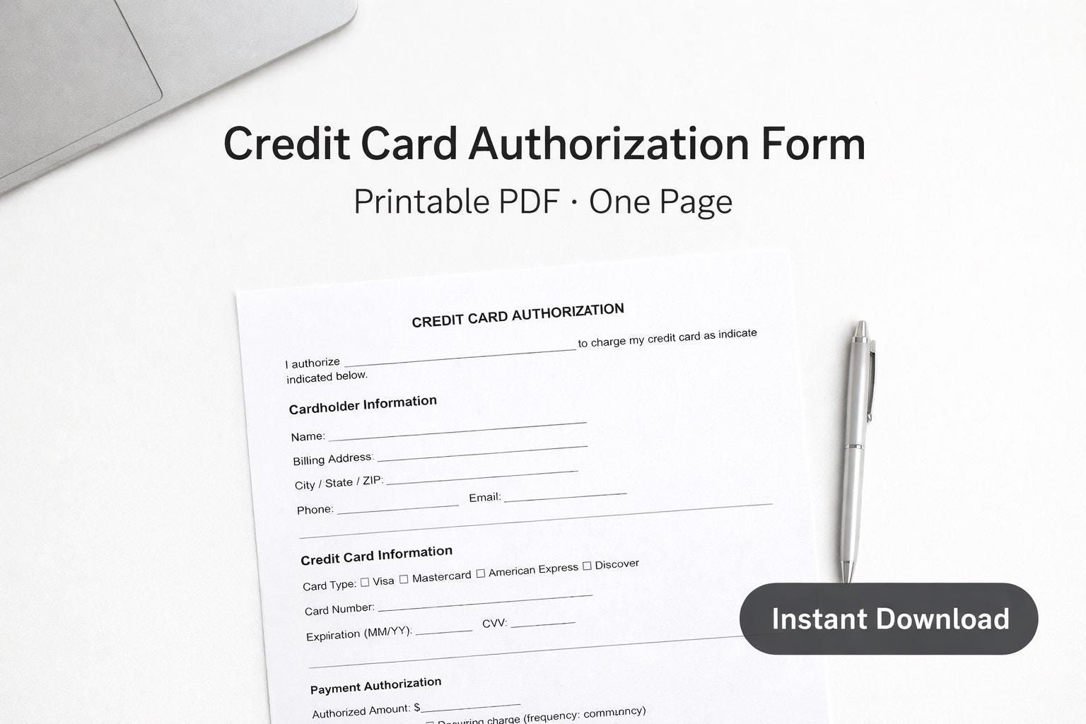 Credit Card Authorization Form Printable PDF | One-page Payment ...