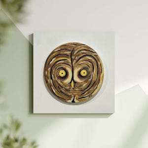 Round acrylic abstract owl painting titled "Ancient Wisdom" signed by artist.