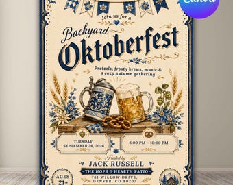 Oktoberfest Invitation, Backyard Beer Party Invite, Bavarian Fall Festival, Editable Canva Template, Printable Instant Download