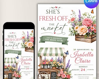 Editable Fresh Off The Market Bridal Shower Invitation, Farmers Market Bridal Shower Invite, She's Off The Market Bachelorette Invites