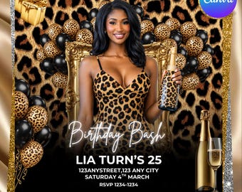 Leopard Print Birthday Flyer, Gold Dinner Invitation, Social Media Evite, Canva Editable Party Template, DIY Text, Instant Download