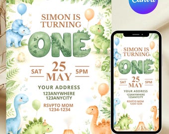 Dinosaur 1st Birthday Invitation Template, Dino First Birthday Boy, Editable Canva Invite, Printable Dinosaur Party Invite, Instant Download