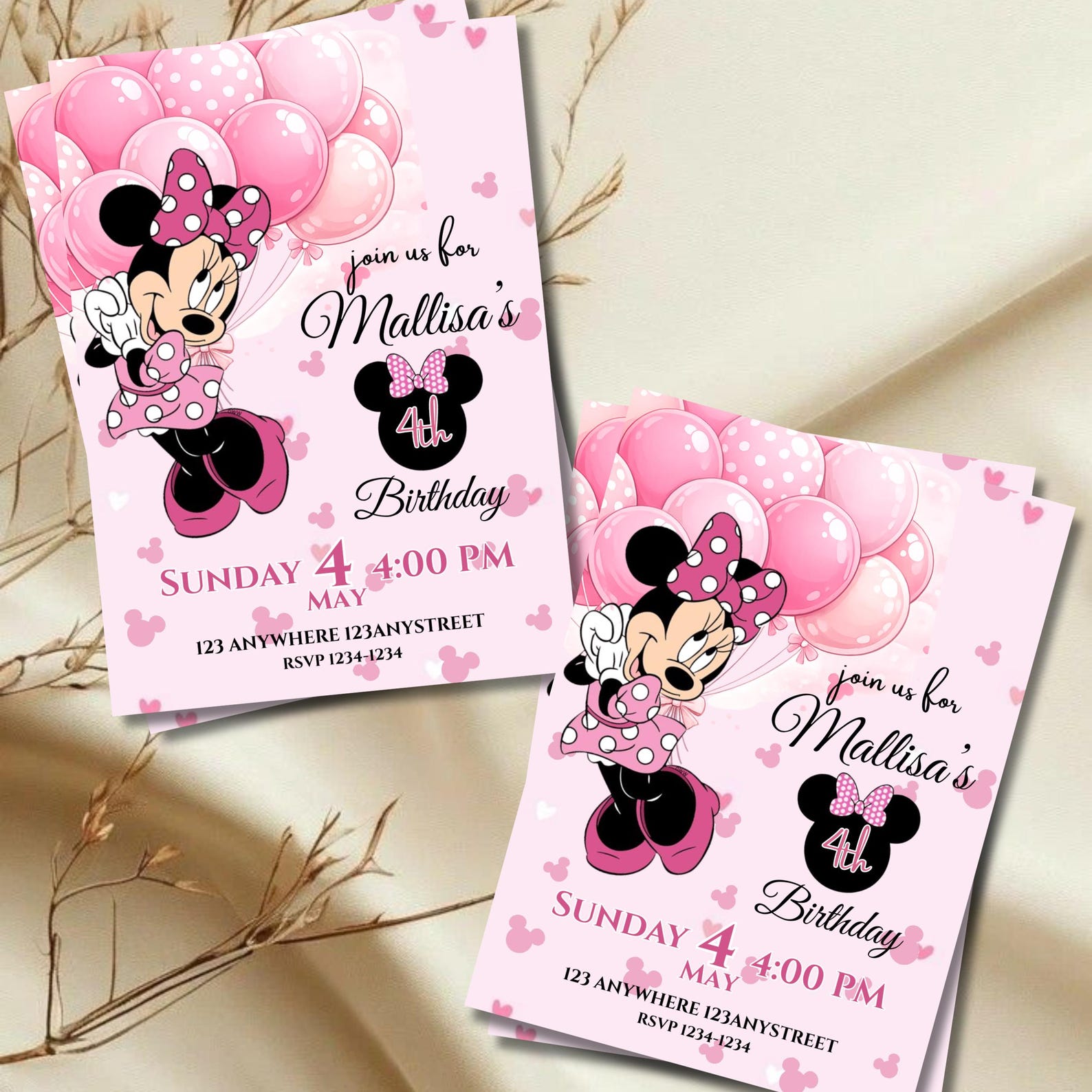 Editable Minnie Mouse Birthday Invitation, Pink Girl Party Invite, Kids ...