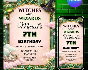 Witch Birthday Invitation Template, Wizard Party Invite, Editable Canva Halloween Birthday, DIY text, Instant download