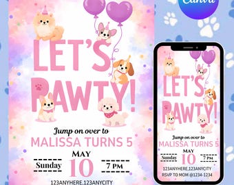 Pawty Invitation Template, Pink Puppy Birthday Invite, Let’s Pawty Evite, Puppy Balloons Canva Editable B939,DIY text, instant download