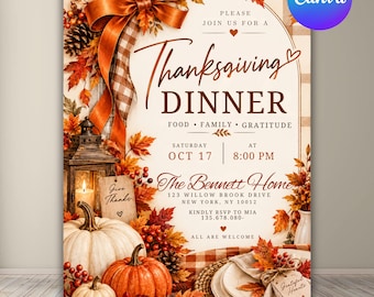 Thanksgiving Dinner Invitation, Thanksgiving Invite, Lets Give Thanks Invite, Editable Template, Thanksgiving Pumpkin Invite, Canva Editable