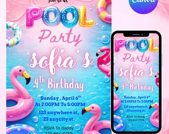 Girls Pool Party Birthday Invitation, Teen Summer Pool Party Invite, Editable Canva Template, DIY Text, Instant Download