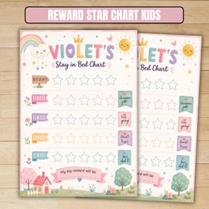 May include: A reward star chart for kids titled Violet's Stay in Bed Chart. The chart features a rainbow, a smiling cloud, a sun, and a house illustration. It includes rows of empty stars for tracking progress, reward banners, and text labels.