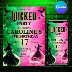 Wicked Birthday Invitations, Elphaba Party Invite, Glinda Pink Green Theme, Wicked Movie Ticket, Canva Template, DIY texts, Instant Download