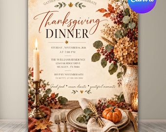 Thanksgiving Dinner Invitation Template, Friendsgiving Invite, Canva Editable Let's Give Thanks Invitation, Fall Rustic Pumpkin Party Card