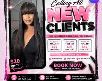 New Client Wanted Flyer, New Client Booking Flyer, Book Now Flyer, Hair Flyer, Braids, Nail Tech, Lash Tech, Trendy Flyer, Canva Template