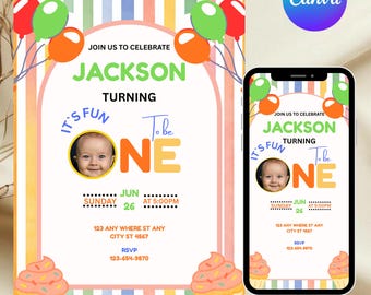 First Birthday Invitation Template, 1st Birthday Party Invite, Boy Balloon Cupcake Theme, Canva Template, DIY Text, Instant Download