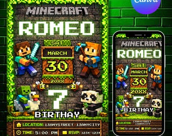 Pixel Birthday Invitation Template, Editable Canva Invite, Pixel Gamer Party Invitation, DIY text, Instant download