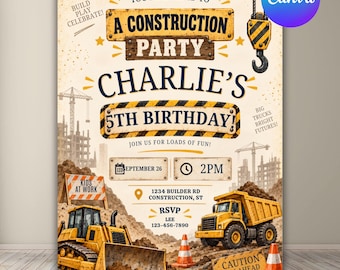 Editable Construction Birthday Invitation, Construction 5th Birthday Invite, Digger Truck Party Invitation, Canva Editable Invite