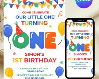 Fun to Be One Birthday Invitation, Colorful First Birthday Invite, Editable Canva Template, DIY Text, Instant Download, Baby Party