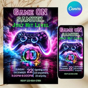 Video Game Birthday Invitation, Level Up Birthday Invite, Neon Glow Arcade Party, Gamer Party Invite, DIY text, instant download