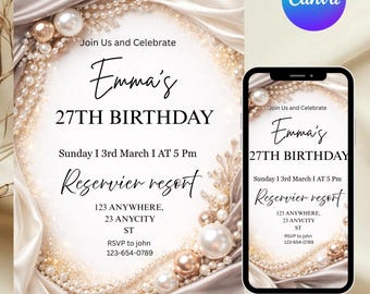 Pearls and Satin Party Invitation, Glam Pearl Birthday Invite, Elegant Adult Birthday, Editable Canva, DIY Text, Instant Download