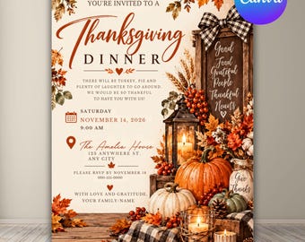 Thanksgiving Dinner Invitation Template, Friendsgiving Invite, Canva Editable Let's Give Thanks Invitation, Fall Rustic Pumpkin Party Card