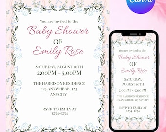 Pink Baby Shower Invitation Template, Girl Baby Shower Invite, Floral Baby Shower, Editable Canva Template, DIY texts, Instant Download
