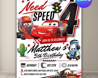 Lightning Mcqueen 4th Birthday Invitation, Need for Speed Cars Birthday Invite, Kids Birthday Party, Digital Download, Editable Canva