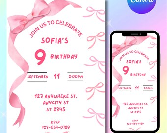 Coquette Pink Bow Birthday Invitation, Girl Bow Party Invite, Teen Birthday Invitation, Editable Canva Template, DIY Text, Instant Download
