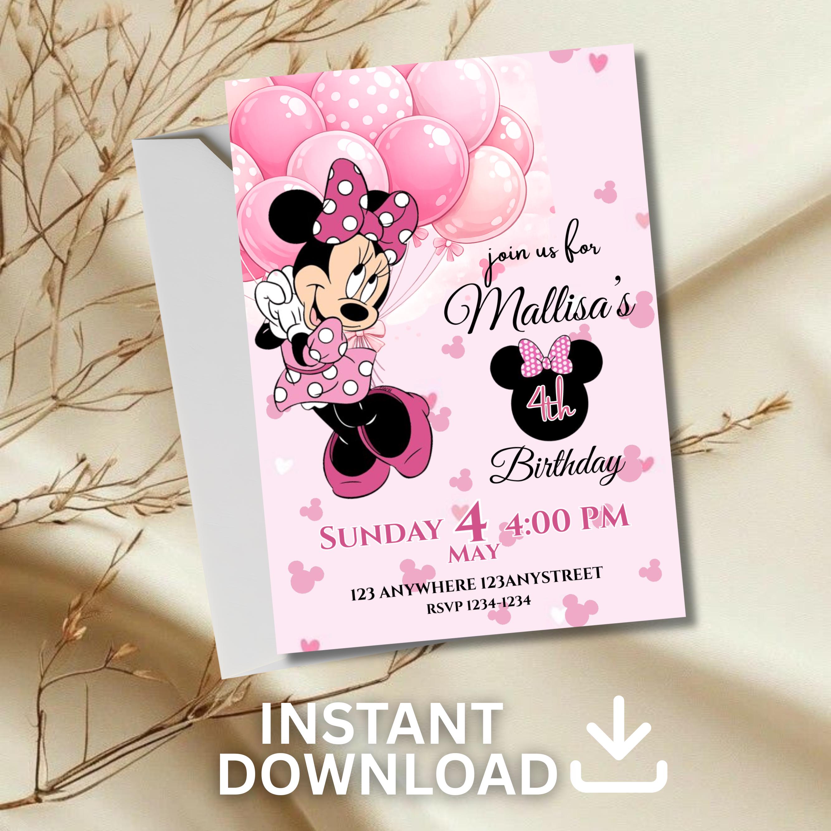 Editable Minnie Mouse Birthday Invitation, Pink Girl Party Invite, Kids ...